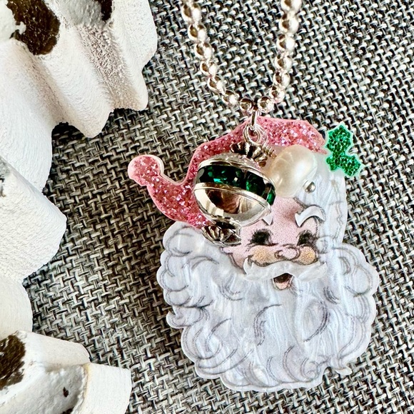 New Festive Pink Christmas Acrylic Santa Claus Shimmer Statement 18” Necklace - Picture 1 of 11